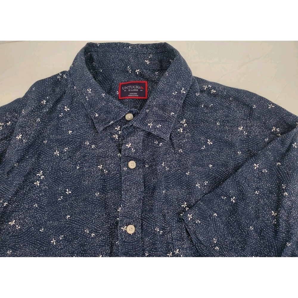 Untuckit Navy Blue 100% Linen Butterfly Graphic Button Up Shirt Men's Size XL
